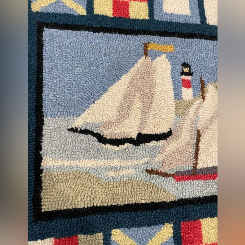 Rare Claire Murray Nautical Hooked Rug Blue/Red Sail Boats/Ocean- 25X36 Vibrant - Picture 6 of 9